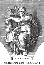 Tiburtine Sibyl, Adamo Scultori, after Michelangelo, 1585 Tiburtine Sibyl sitting with a scroll. On the left two small figures, vintage engraving.
