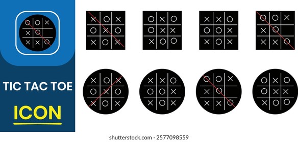  Tic tac toe children game icon set. Grunge seamless banner design with crosses and circles. Nougats and win. Play a tic-tac-toe draw. Vector illustration.