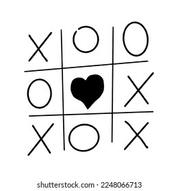 Tic tac toe doodle game with cross and circle sign, cute heart mark isolated on white background. 