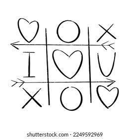 Tic tac toe doodle game with cross and circle sign, cute heart mark isolated on white background. 