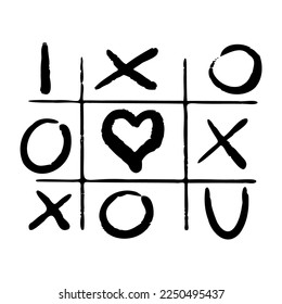 Tic tac toe doodle game with cross and circle sign, cute heart mark isolated on white background. 