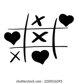 Tic tac toe doodle game with cross and circle sign, cute heart mark isolated on white background. 