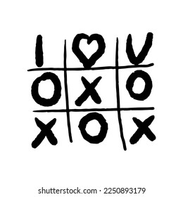 Tic tac toe doodle game with cross and circle sign, cute heart mark isolated on white background. 