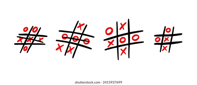 Tic tac toe doodle. Hand drawn sketch tic tac toe kids game. X-O children game set. Win in tictactoe. Vector doodle illustration isolated on white background.