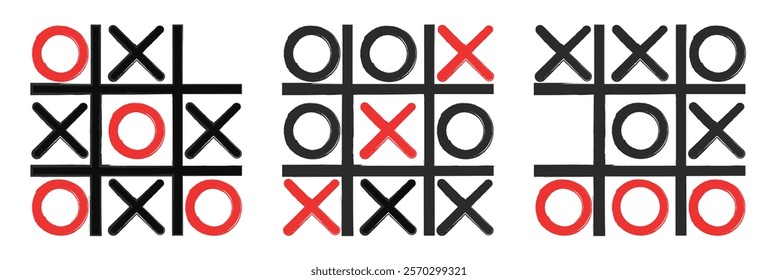 Tic tac toe doodle. Hand drawn sketch tic tac toe kids game. X-O children game set. Win in tic tac toe.