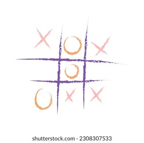 Tic tac toe drawing. Game and entertainment for preschoolers. Violet checkered fields for marks. Colorful pencil sketch. Linear flat vector illusdtration isolated on white background