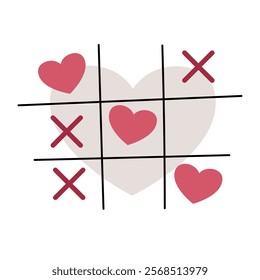 Tic Tac Toe in flat cartoon style. Love game on white background. Valentine's day vector illustration for cards, stickers, banners, etc.