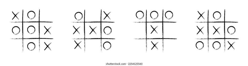 Tic tac toe game competition set  noughts   crosses black grunge brush in Hand draw  Graphic vector illustrations isolated