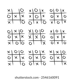 Tic tac toe game competition set. noughts and crosses black grunge brush in Hand draw. Graphic vector illustrations isolated