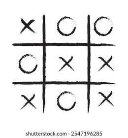 Tic tac toe jogo de competição conjunto. noughts e cruzes preto grunge escova no desenho da mão. Ilustrações de vetor gráfico isoladas