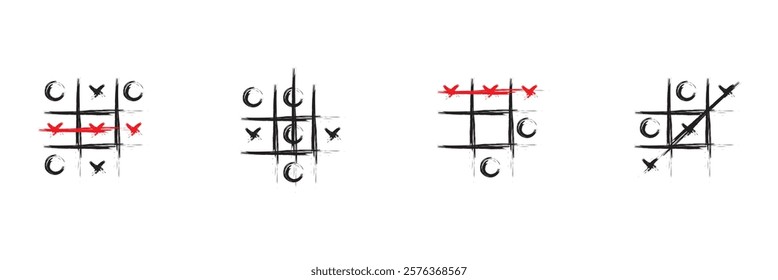 Tic tac toe game competition set. noughts and crosses black grunge brush in Hand draw. Graphic vector illustrations isolated