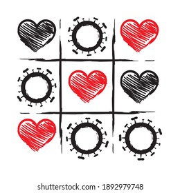Tic tac toe game with covid and heart sign. Happy Valentines day card. Quarantines day. Red Flat design