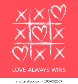 Tic tac toe game with criss cross and heart sign mark. XOXO. Hand drawn brush. Doodle line. Happy Valentines day card. Flat design Isolated. Vector illustration. Hug and kiss, love game.