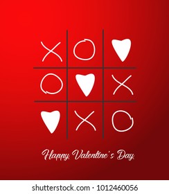 Tic tac toe game with criss cross and three white heart sign mark XOXO. Hand