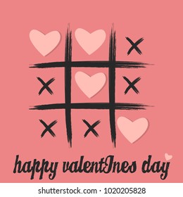 Tic tac toe game with criss cross and red heart sign mark XOXO. Hand drawn brush. Doodle line. Happy Valentines day card Flat design Isolated. White background. Vector illustration