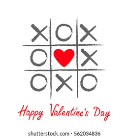 Tic tac toe game with criss cross and red heart sign mark XOXO. Hand drawn brush. Doodle line. Happy Valentines day card Flat design Isolated. White background. Vector illustration