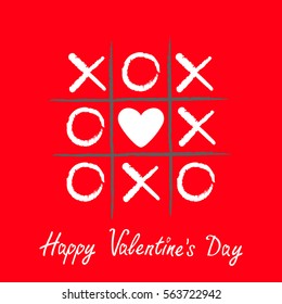 Tic tac toe game with criss cross and white heart sign mark XOXO. Hand drawn brush. Doodle line. Happy Valentines day card Flat design Isolated. Red background. Vector illustration