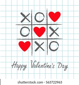 Tic tac toe game with criss cross and three red heart sign mark XOXO. Hand drawn pen brush. Doodle line. Happy Valentines day card Flat design. Exercise book background. Paper sheet. Vector