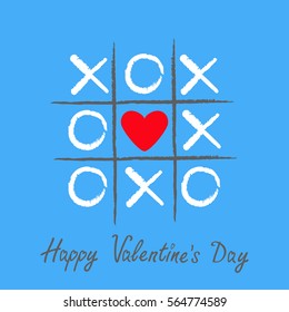 Tic tac toe game with criss cross and red heart sign mark XOXO. Hand drawn brush. Doodle line. Happy Valentines day card Flat design Isolated. Blue background. Vector illustration