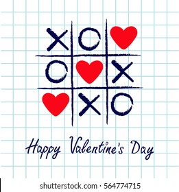 Tic tac toe game with criss cross and three red heart sign mark XOXO. Hand drawn blue pen brush. Doodle line. Happy Valentines day card Flat design. Exercise book background. Paper sheet. Vector