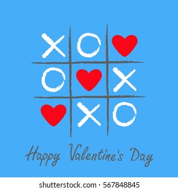 Tic tac toe game with criss cross and three red heart sign mark XOXO. Hand drawn pen brush. Doodle line. Happy Valentines day card Flat design Isolated. Blue background. Vector illustration