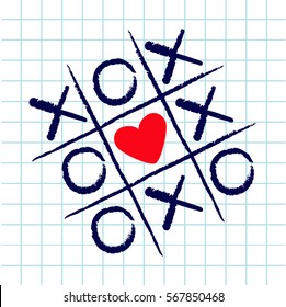 Tic tac toe game with criss cross and red heart sign mark XOXO. Hand drawn blue pen brush. Doodle line. Valentines day Flat design. Exercise book White cell background Paper sheet. Vector illustration