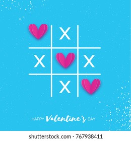 Tic tac toe game with criss cross and pink paper cut Hearts sign mark XOXO. Happy Valentines day card. 14 February. Romantic card For wedding. Sky blue background. View from above.