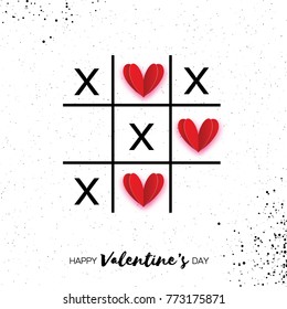 Tic tac toe game with criss cross and red paper cut Hearts sign mark XOXO. Happy Valentines day card. 14 February. Romantic card For wedding on white. View from above.