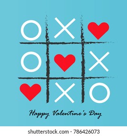 
Tic Tac Toe game with a criss cross and three red heart marks XOXO Marker Valentine's Day card Blue background Vector illustrations