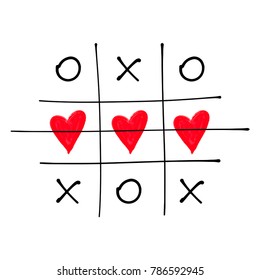 Tic tac toe game with criss cross and crossed out red heart sign mark XOXO. Hand drawn brush. Doodle line. Happy Valentines day card Flat design Isolated. White background. Vector illustration