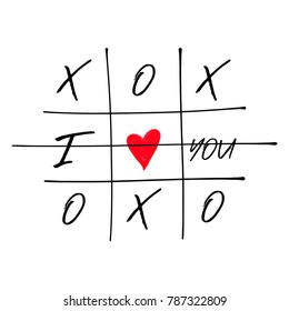 Tic tac toe game with criss cross and I love you, red heart sign symbol. Hand drawn brush. Doodle line. Happy Valentines day card Flat design. Vector concept design illustration