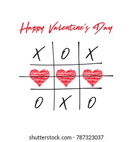 Tic tac toe game with criss cross and crossed out red heart sign mark XOXO. Hand drawn brush. Doodle line. Happy Valentines day card Flat design Isolated. White background. Vector illustration