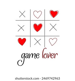 Tic tac toe juego con cruz, amante del juego, te amo símbolo de signo de corazón rojo, diseño de tarjeta de feliz día de San Valentín. Ilustración de diseño de concepto de Vector, camisetas impresas