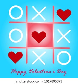 
Tic Tac Toe game with cross crosses and three red heart marks XOXO Valentine's Day card markers Blue background image