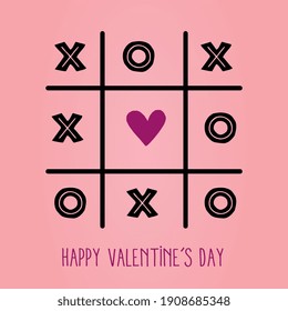 Tic tac toe game with cross and heart sign mark Happy Valentines day card Red Flat design Vector illustration