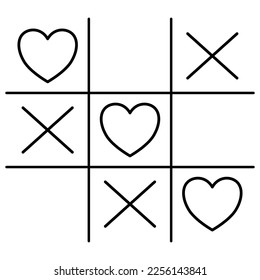 Tic Tac Toe Spiel mit Kreuz-und Herz-Schild perfekt für valentiner Tag und druckbar. Vektorgrafik für Stoffdesign. Schwarz-Weiß-Symbol-Design.