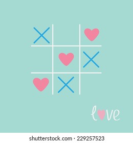 Tic tac toe game with cross and heart sign mark Love card Blue pink Flat design Vector illustration