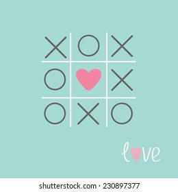 Tic tac toe game with cross and heart sign mark Love card Blue Flat design Vector illustration