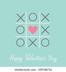 Tic tac toe game with cross and heart sign mark Happy Valentines day card Blue Flat design Vector illustration