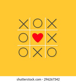 Tic tac toe game with cross and red heart sign mark in the center Love card Flat design Yellow background Vector illustration