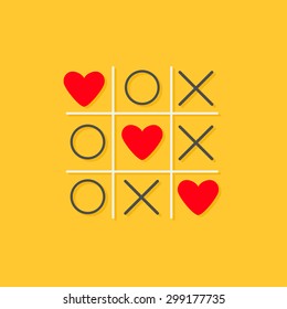 Tic tac toe game with cross and three red heart sign mark Love card Flat design Yellow background Vector illustration