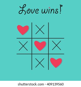 Tic tac toe game with cross and red hearts sign mark Love card.Vector illustration