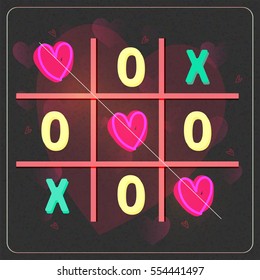Tic tac toe game with cross, circle and heart sign, Love card for Happy Valentine's Day Celebration.