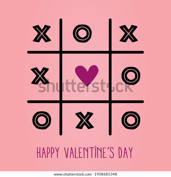 Tic tac toe game\
with cross and heart sign mark Happy Valentines day card Red Flat\
design Vector illustration