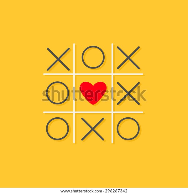 Tic tac toe game with cross and red heart\
sign mark in the center Love card Flat design Yellow background\
Vector illustration