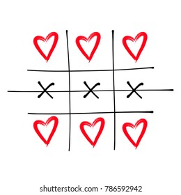 Tic tac toe game with crosses red hearts. Hand drawn brush. Doodle line. Happy Valentines day card Flat design Isolated. White background. Vector illustration
