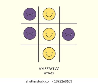 Tic tac toe game of emotion; happiness wins. Sad and happy emoticon. Choosing happiness. Positive, encourage symbol illustration. Healthy mental health. Flat vector style.