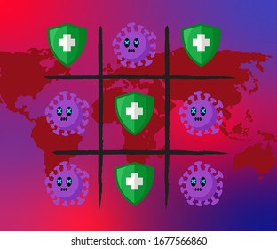Tic tac toe game, The Fight Against 
Coronavirus Covid-19. Flat design Isolated. world map background. 
Vector illustration.