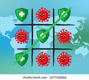 Tic tac toe game, The Fight Against 
Coronavirus Covid-19. Flat design Isolated. world map background. 
Vector illustration.