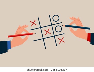 Tic tac toe juego. Divertido ocio. Desempeño y desarrollo de negocios y competencia por el éxito.  Ilustración vectorial plana. 